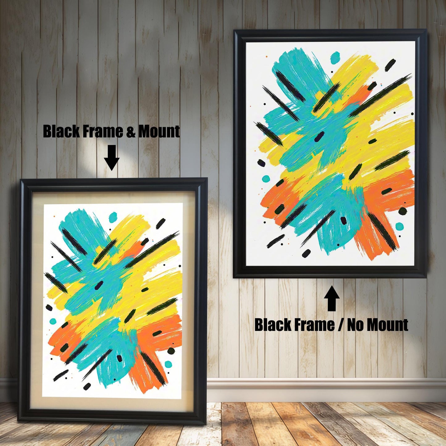 Comparison image showing the abstract art print framed in a Black Frame & Mount (left) and a Black Frame / No Mount (right), against a white wood-paneled wall.