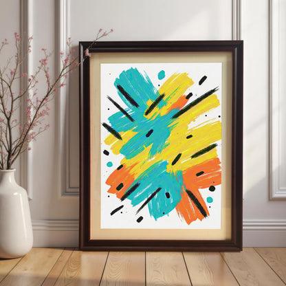 The abstract art print with teal, yellow, and orange brushstrokes, framed in a black wood frame with no mount. The print is hanging on a textured gray wall, partially visible behind a large green houseplant in the foreground.