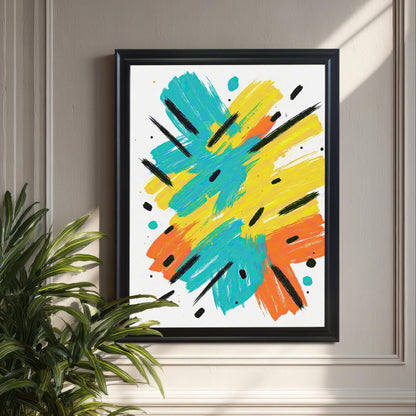 The abstract art print with teal, yellow, and orange brushstrokes, framed in a dark brown/coffee wood frame with a mount. The print is leaning on a wooden floor against a white wainscoting wall, next to a white vase with flowering branches.