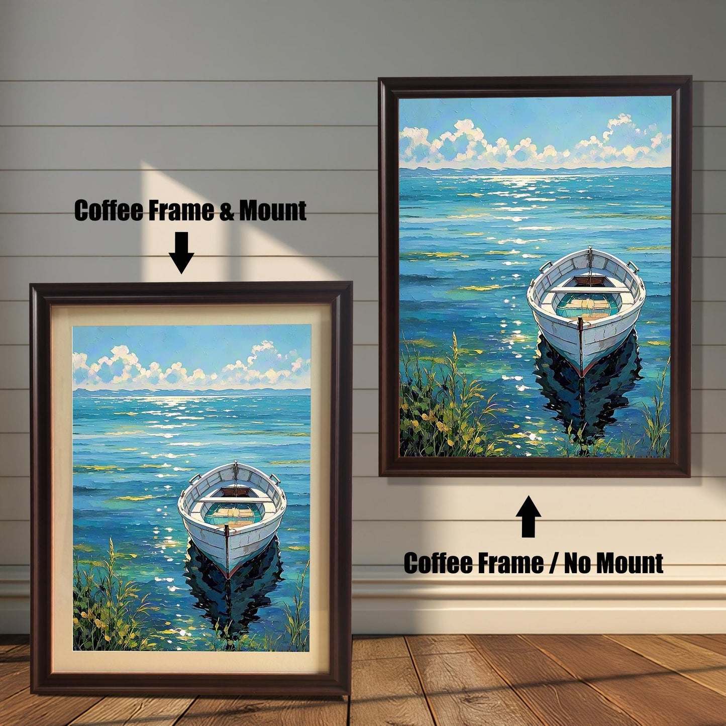 A side-by-side comparison of a framed boat painting: left with Coffee Frame & Mount (mat), right with Coffee Frame / No Mount.