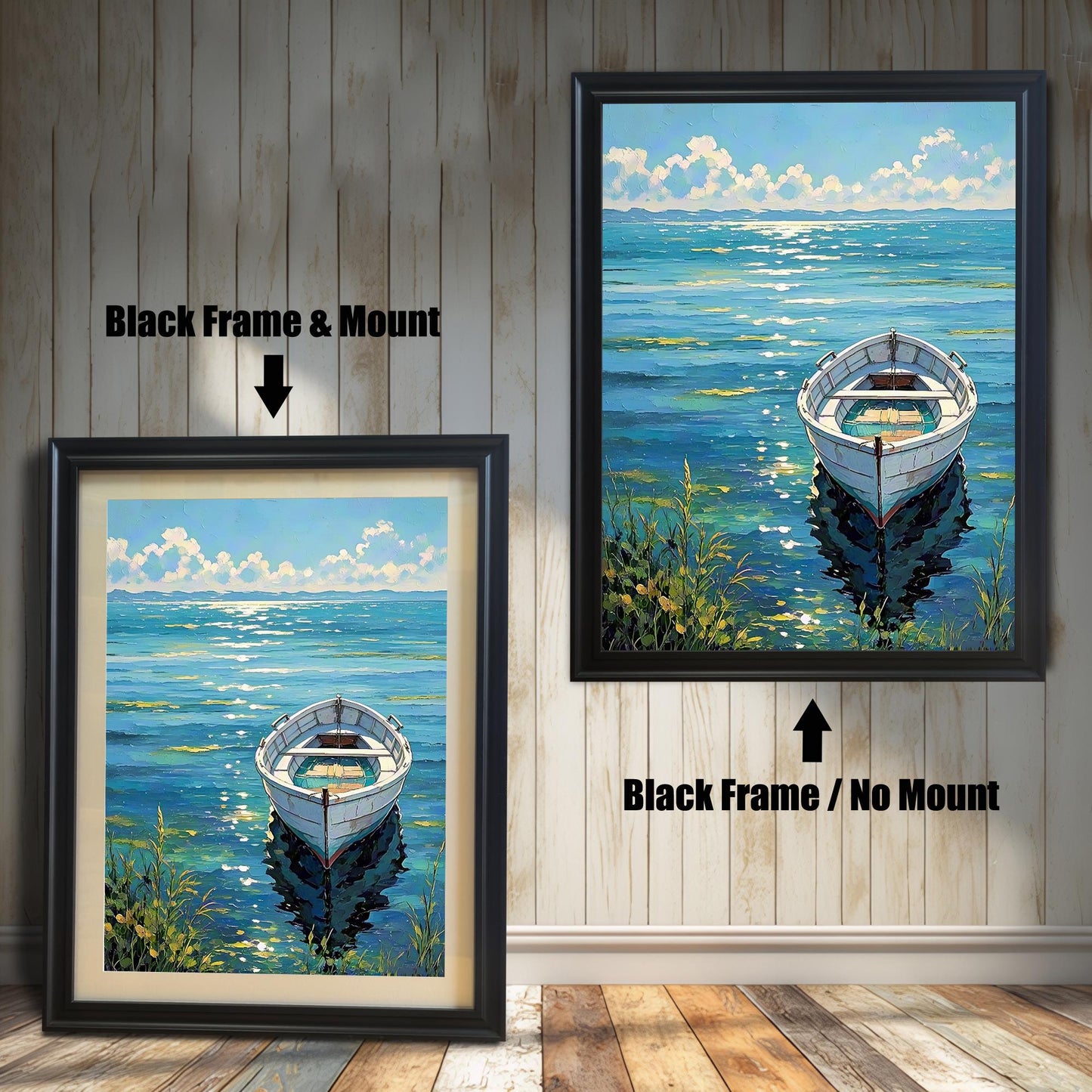 A side-by-side comparison of a framed boat painting: left with Black Frame & Mount (mat), right with Black Frame / No Mount.