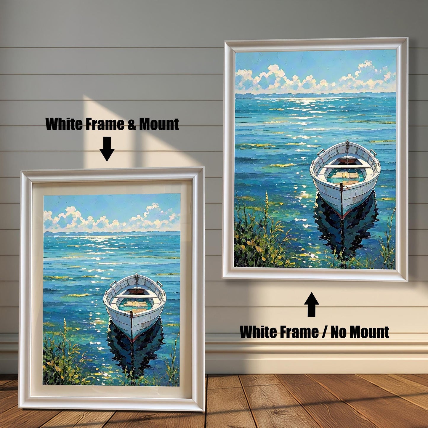 A side-by-side comparison of a framed boat painting: left with White Frame & Mount (mat), right with White Frame / No Mount.