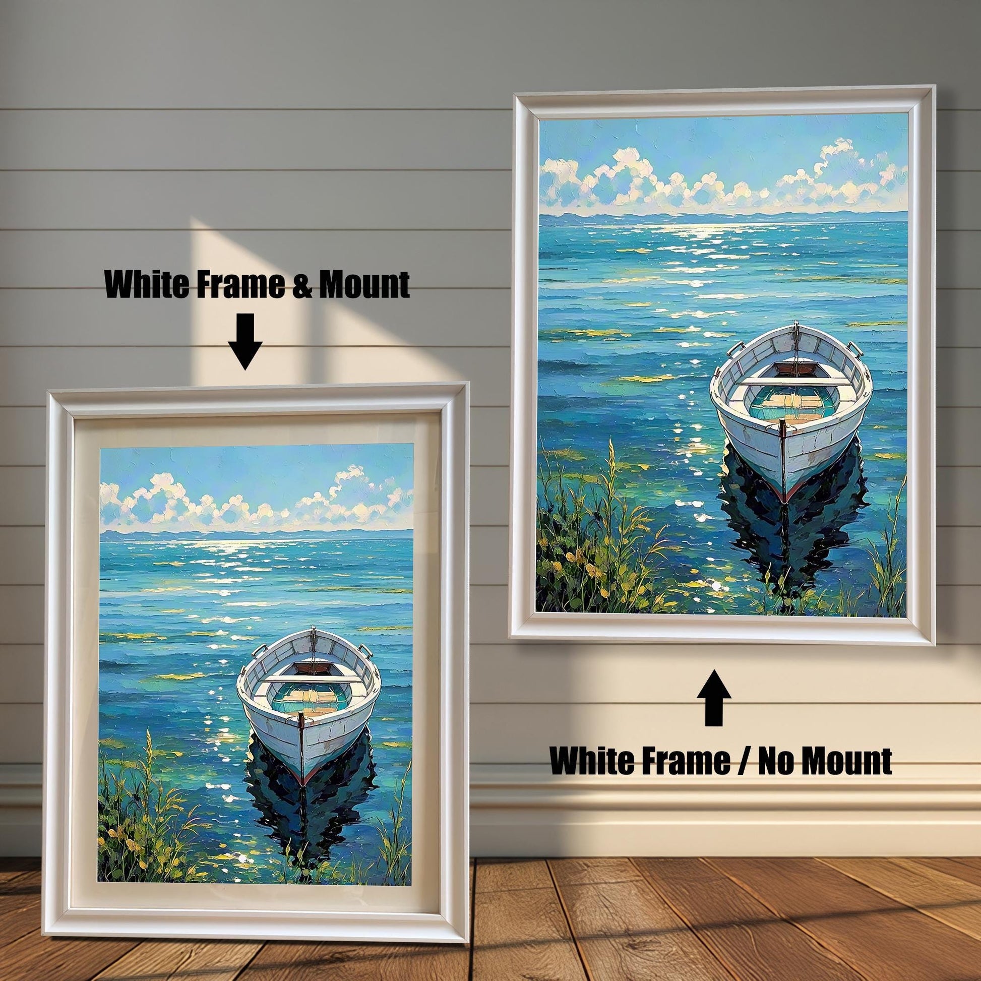 A side-by-side comparison of a framed boat painting: left with White Frame & Mount (mat), right with White Frame / No Mount.