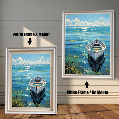 A side-by-side comparison of a framed boat painting: left with White Frame & Mount (mat), right with White Frame / No Mount.