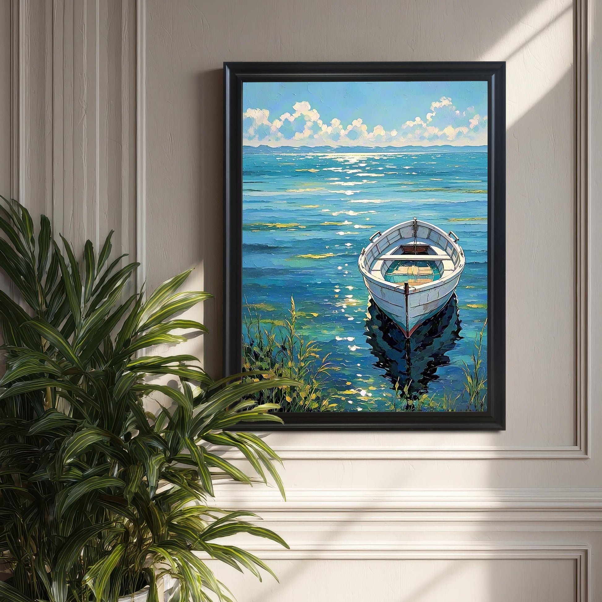 The boat art print in a Black frame hanging on a textured wall panel, with sunlight highlighting the piece and a large green plant in the foreground.