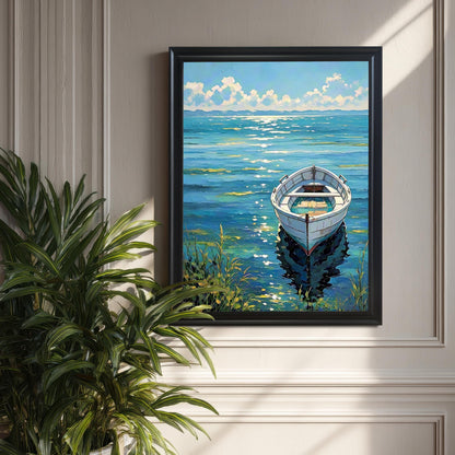 The boat art print in a Black frame hanging on a textured wall panel, with sunlight highlighting the piece and a large green plant in the foreground.