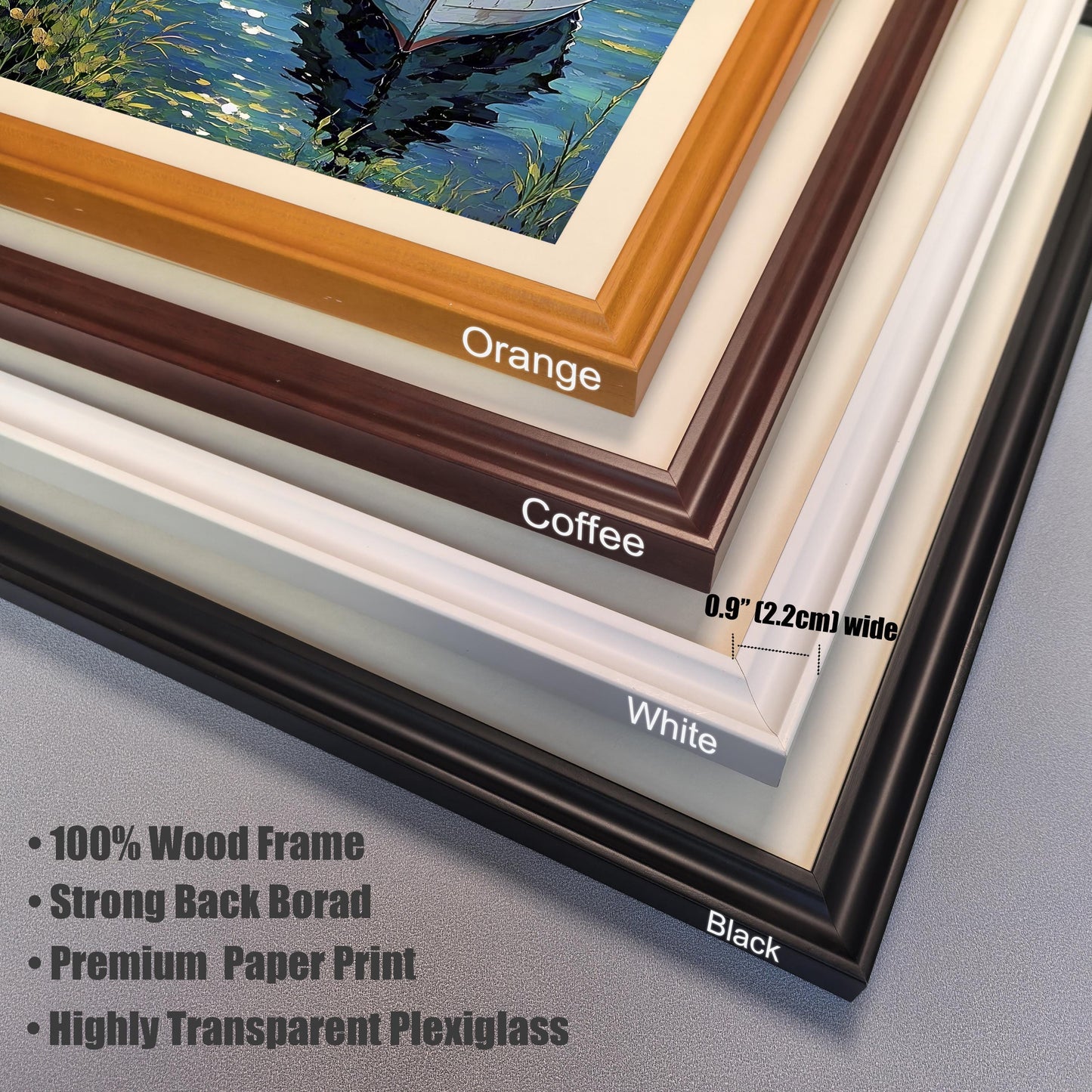 Corner-close up showcasing four frame color options: Orange, Coffee, White, and Black. Details include: ""100% Wood Frame,"" ""Highly Transparent Plexiglass,"" and frame width 0.9"" (2.2cm)."