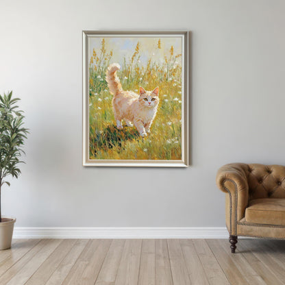 Framed art print of an orange and white cat in a meadow, hung on a light wall next to a leather armchair and a potted plant. The frame is a light White or Silver color.