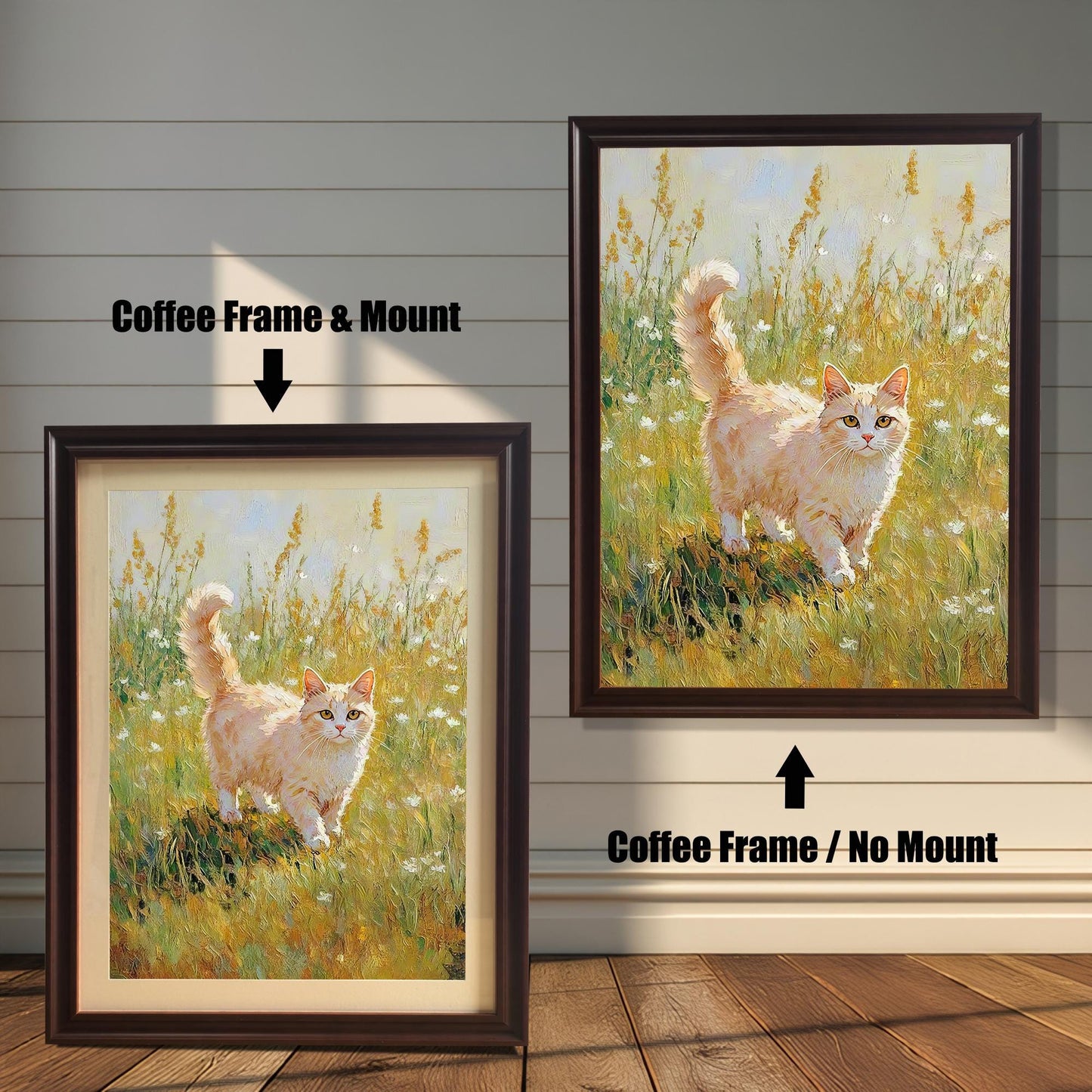 Side-by-side comparison of a cat painting print: left is a Coffee Frame & Mount (mat), right is a Coffee Frame / No Mount.