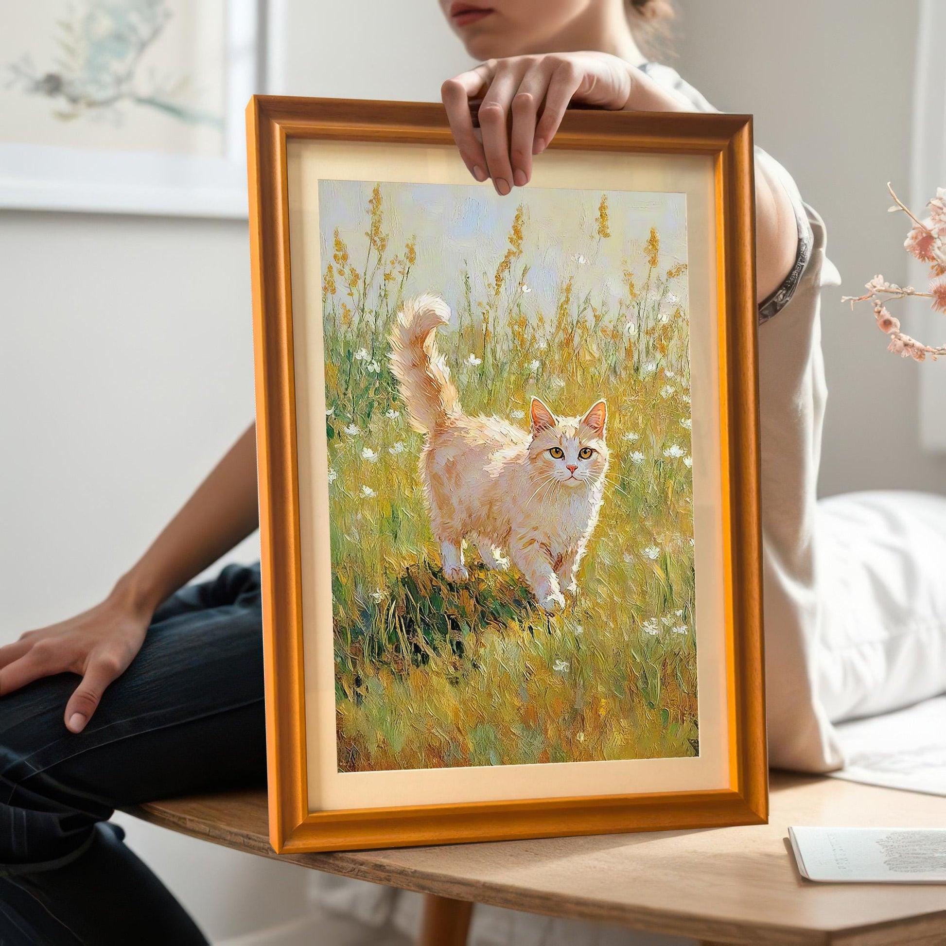 Woman sitting and holding the framed cat art print with an Orange frame and mat, showing the full image and frame details up close.