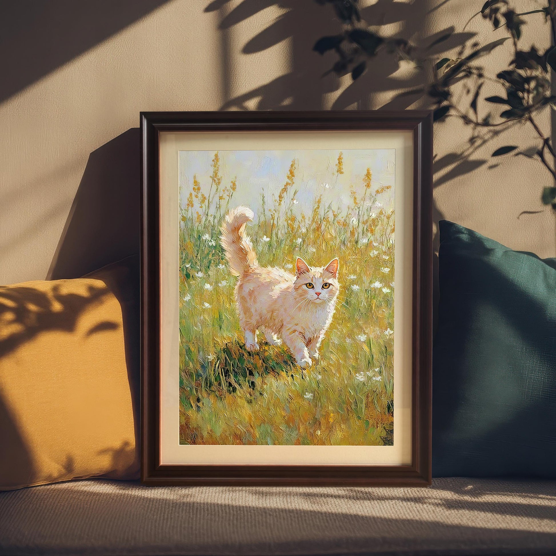 The Cat in a Meadow art print in a Coffee-colored wood frame with a mat, displayed leaning against a cushion with yellow and teal pillows on a couch or bench.