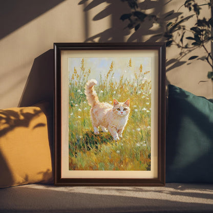The Cat in a Meadow art print in a Coffee-colored wood frame with a mat, displayed leaning against a cushion with yellow and teal pillows on a couch or bench.