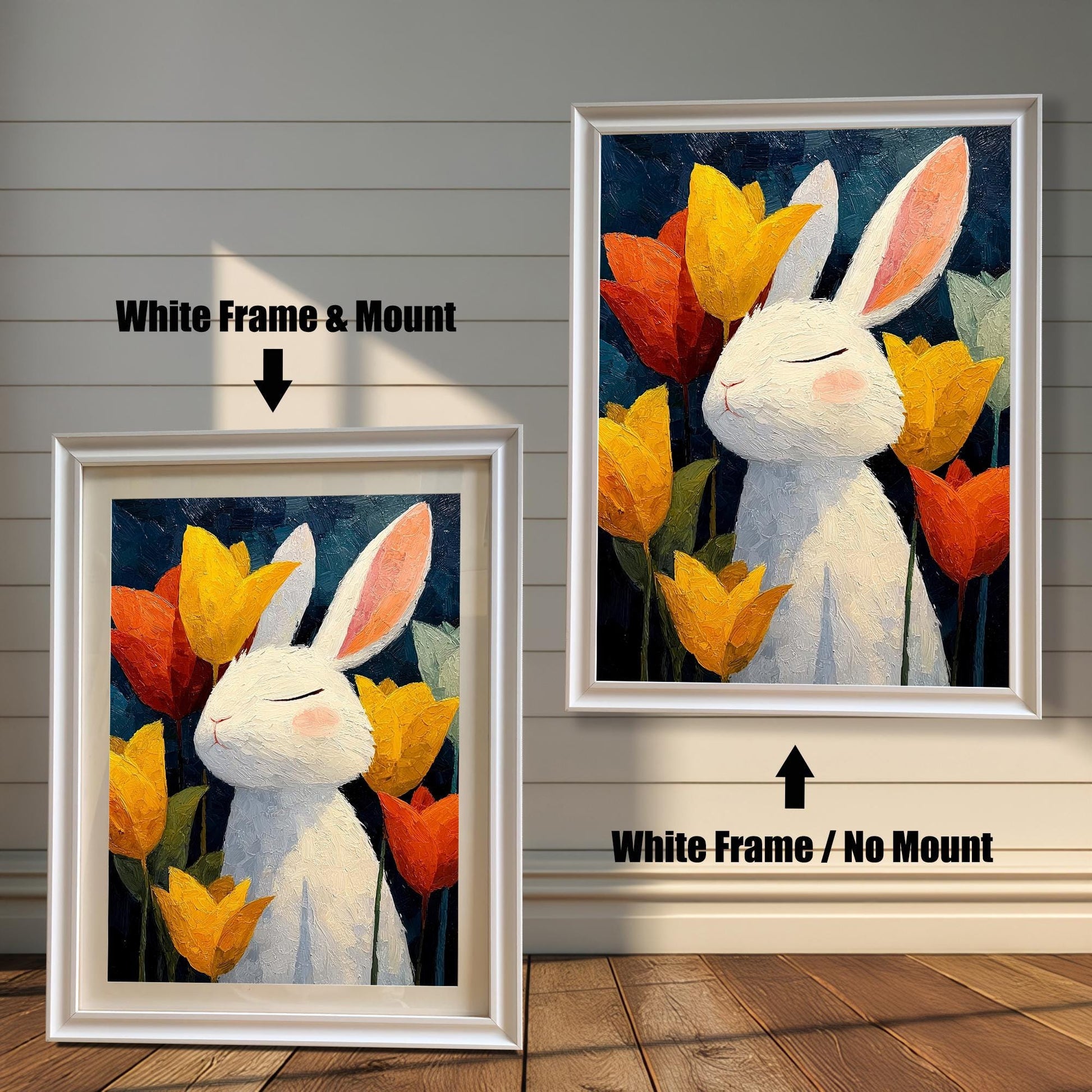 Comparison of white bunny art print framed in White Frame / No Mount (right) and White Frame & Mount (left).