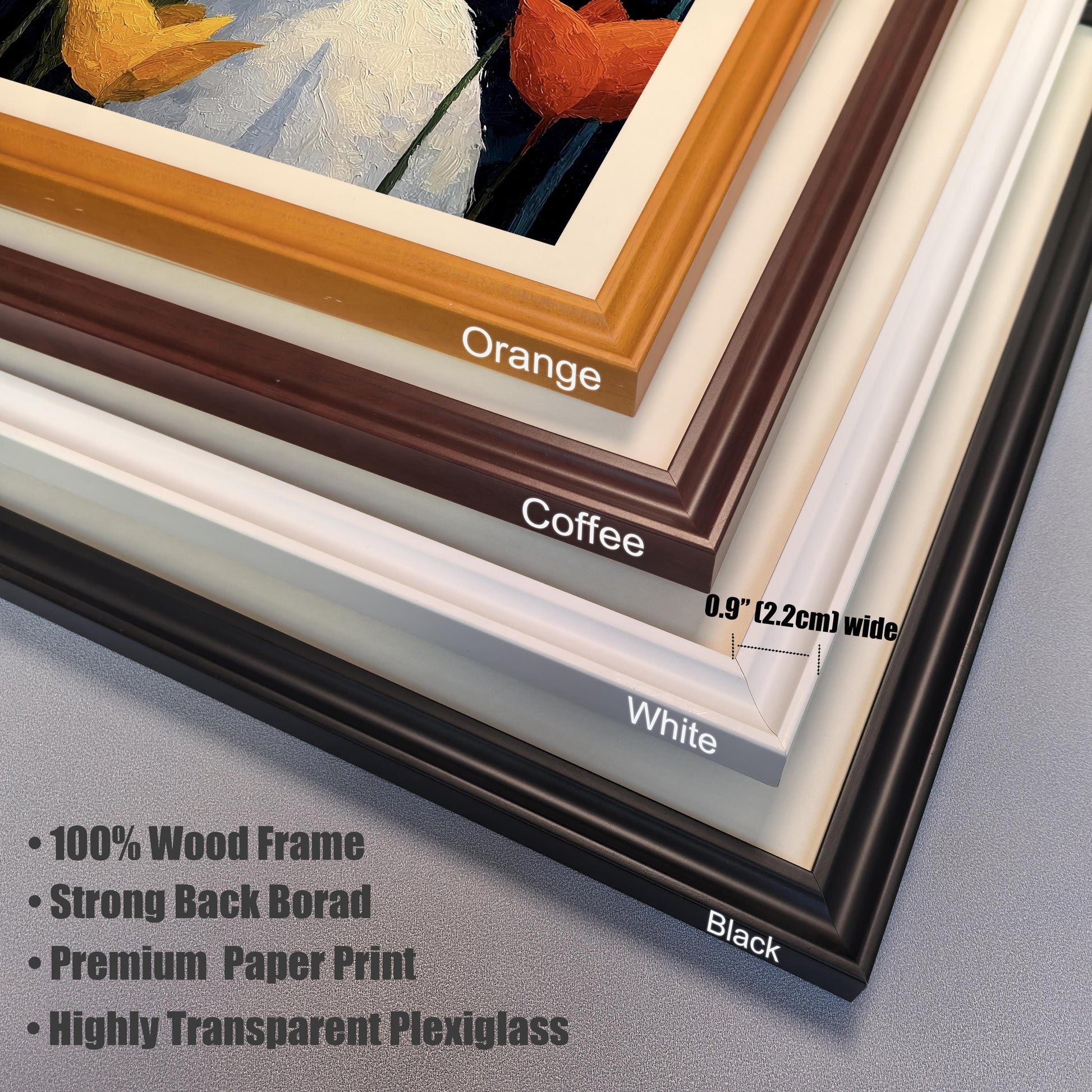 Close-up of four frame corner samples: Orange, Coffee, White, and Black, showing the 0.9"" (2.2cm) width and listing features: 100% Wood Frame, Strong Back Board, Premium Paper Print, Highly Transparent Plexiglass.