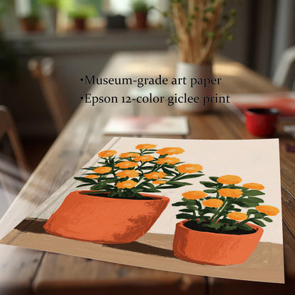 Close-up of the orange potted flower art print laying on a wood table, featuring the text: ""Museum-grade art paper"" and ""Epson 12-color giclee print"".