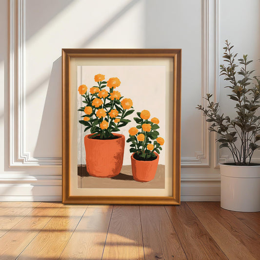 Orange framed art print of two orange potted flowers, leaning on the floor against a white paneled wall next to a potted plant.