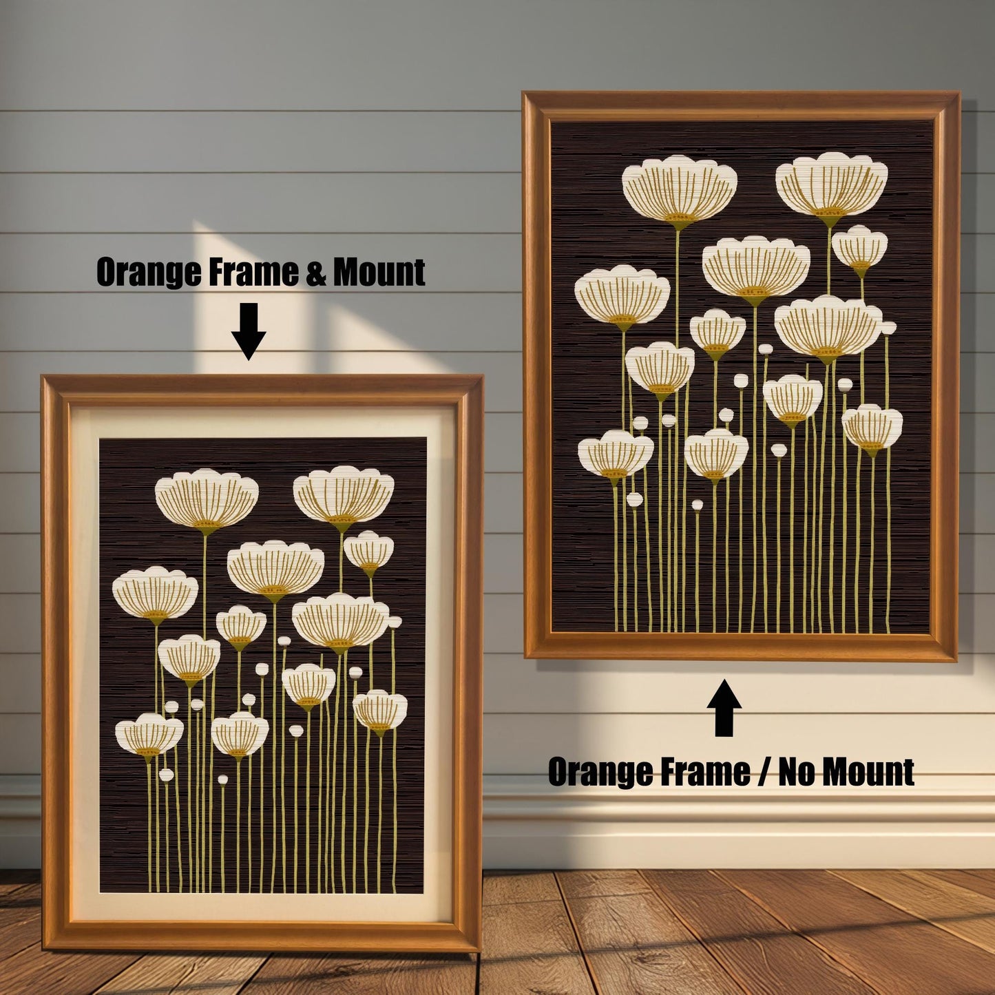 Comparison of abstract white and gold flower art print framed in Orange Frame & Mount (left) and Orange Frame / No Mount (right).