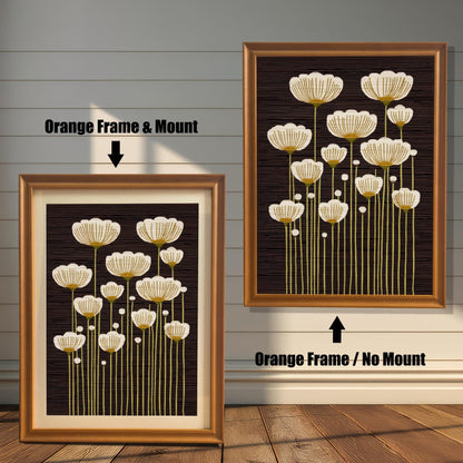 Comparison of abstract white and gold flower art print framed in Orange Frame & Mount (left) and Orange Frame / No Mount (right).
