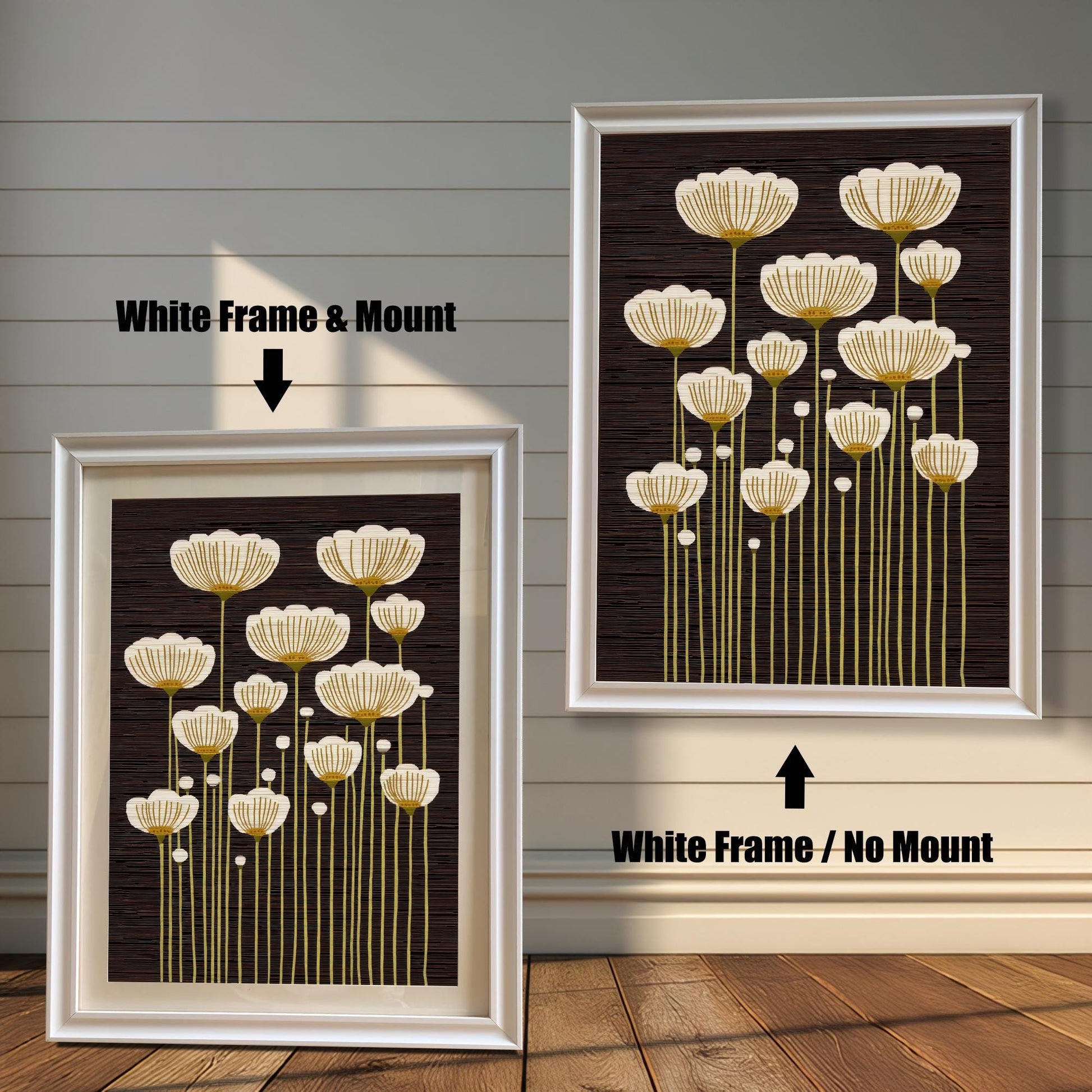 Comparison of abstract white and gold flower art print framed in White Frame & Mount (left) and White Frame / No Mount (right).