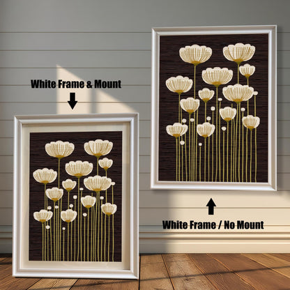 Comparison of abstract white and gold flower art print framed in White Frame & Mount (left) and White Frame / No Mount (right).