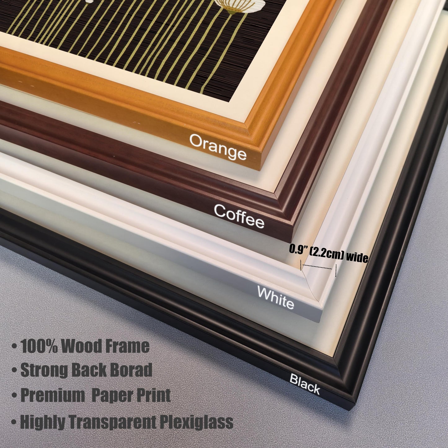 Close-up of four frame corner samples: Orange, Coffee, White, and Black, showing the 0.9"" (2.2cm) width and listing features: 100% Wood Frame, Strong Back Board, Premium Paper Print, Highly Transparent Plexiglass.