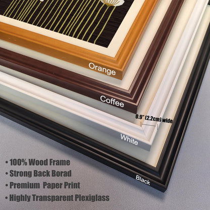 Close-up of four frame corner samples: Orange, Coffee, White, and Black, showing the 0.9"" (2.2cm) width and listing features: 100% Wood Frame, Strong Back Board, Premium Paper Print, Highly Transparent Plexiglass.