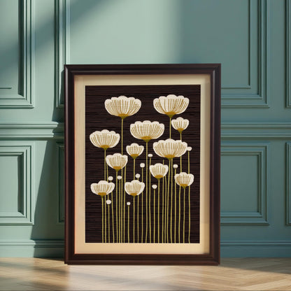 Coffee framed art print of abstract white and gold flowers, leaning on the floor against a green paneled wall in a sunlit room.