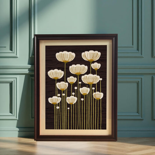 Coffee framed art print of abstract white and gold flowers, leaning on the floor against a green paneled wall in a sunlit room.