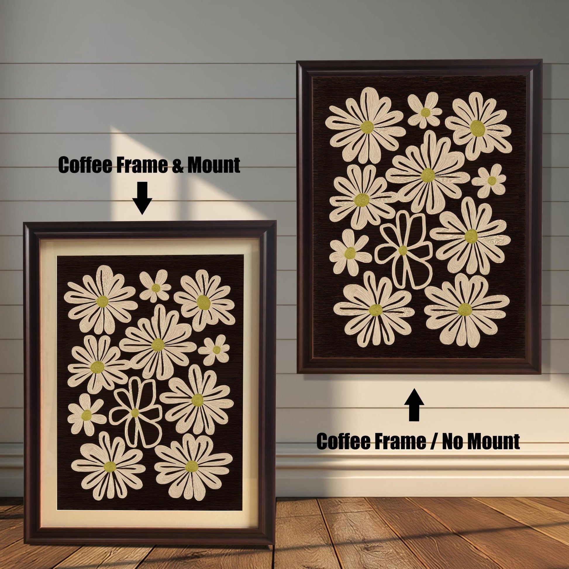 Comparison of retro daisy art print framed in Coffee Frame & Mount (left) and Coffee Frame / No Mount (right).