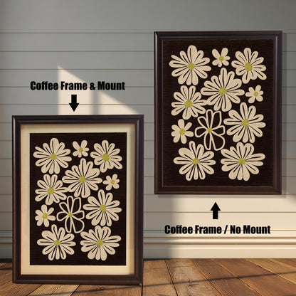 Comparison of retro daisy art print framed in Coffee Frame & Mount (left) and Coffee Frame / No Mount (right).