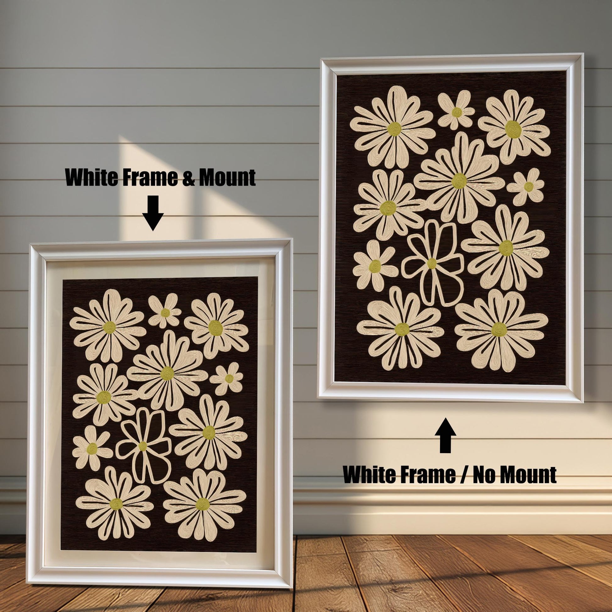 Comparison of retro daisy art print framed in White Frame & Mount (left) and White Frame / No Mount (right).