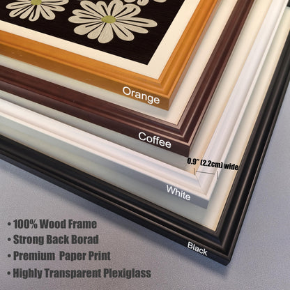 Close-up of four frame corner samples: Orange, Coffee, White, and Black, showing the 0.9"" (2.2cm) width and listing features: 100% Wood Frame, Strong Back Board, Premium Paper Print, Highly Transparent Plexiglass.