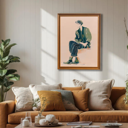 Lifestyle photo of the art print in an Orange wood frame hanging above a rust-colored couch with various cushions in a bright, modern living room.