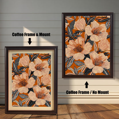 Comparison of the floral art print in a Coffee wood frame: Left is "Coffee Frame & Mount" with a light matting, and Right is "Coffee Frame / No Mount" without matting.