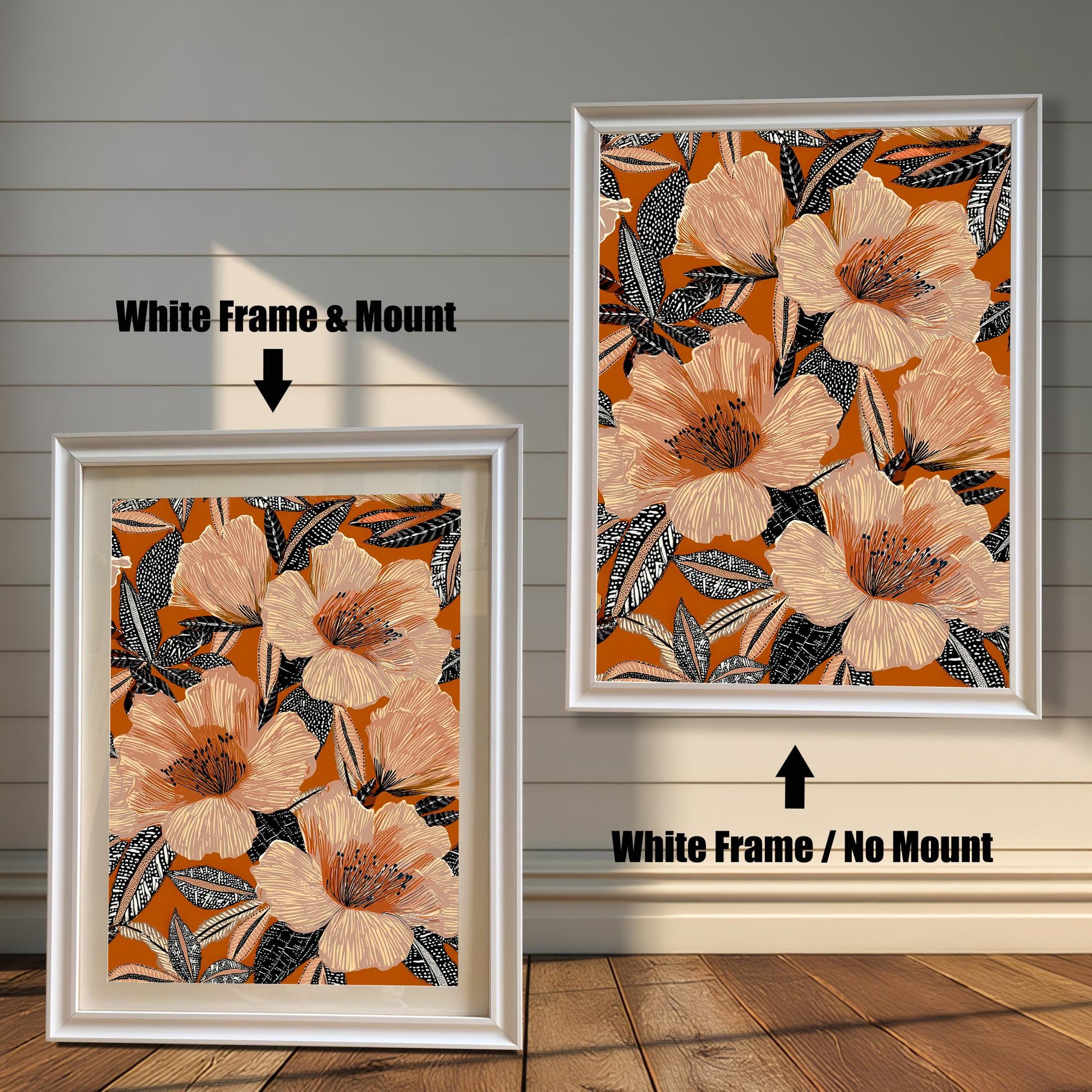 Comparison of the floral art print in a White wood frame: Left is "White Frame & Mount" with a light matting, and Right is "White Frame / No Mount" without matting.