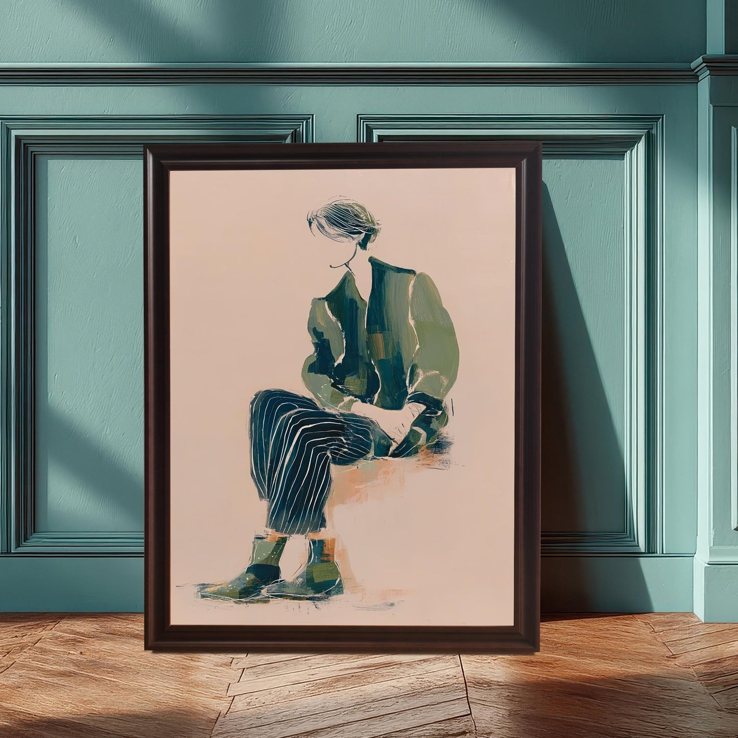 Lifestyle photo of the art print in a Coffee wood frame leaning on a wooden floor against a paneled teal blue/green wall.