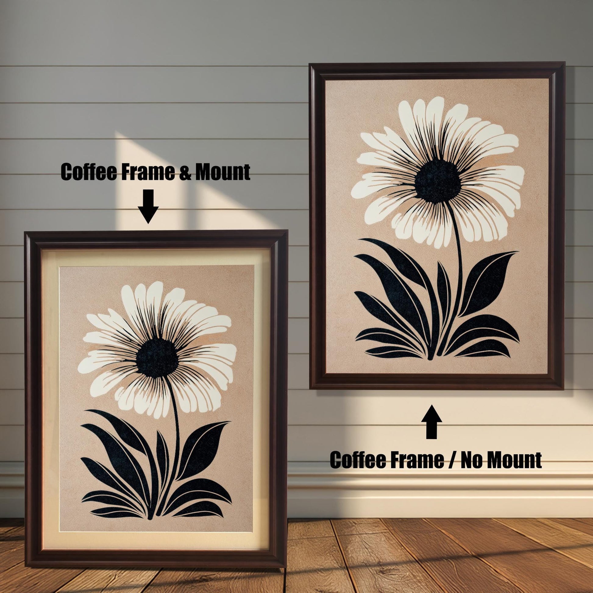 Comparison of the flower art print in a Coffee wood frame: Left is "Coffee Frame & Mount" with a light matting, and Right is "Coffee Frame / No Mount" without matting.