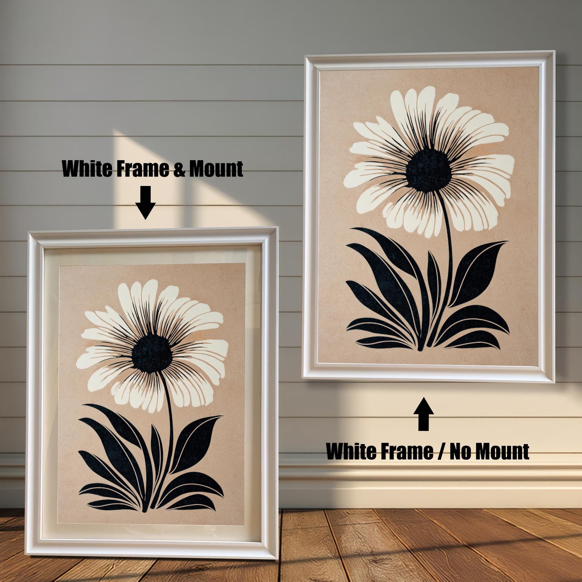 Comparison of the flower art print in a White wood frame: Left is "White Frame & Mount" with a light matting, and Right is "White Frame / No Mount" without matting.