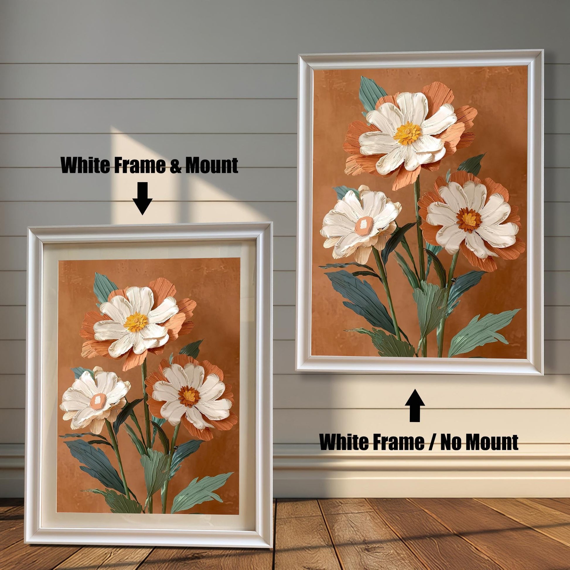 Comparison of the floral print in a White wood frame: Left is "White Frame & Mount" with a light matting, and Right is "White Frame / No Mount" without matting. The artwork features white, peach, and orange flowers with green leaves.