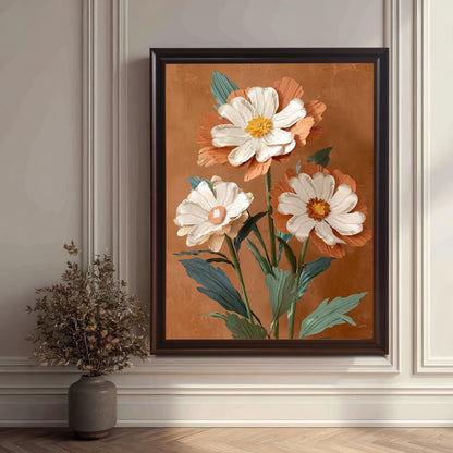 Lifestyle photo of the art print in a Coffee wood frame hanging on a wall with white molding, next to a vase of dried brown flowers.
