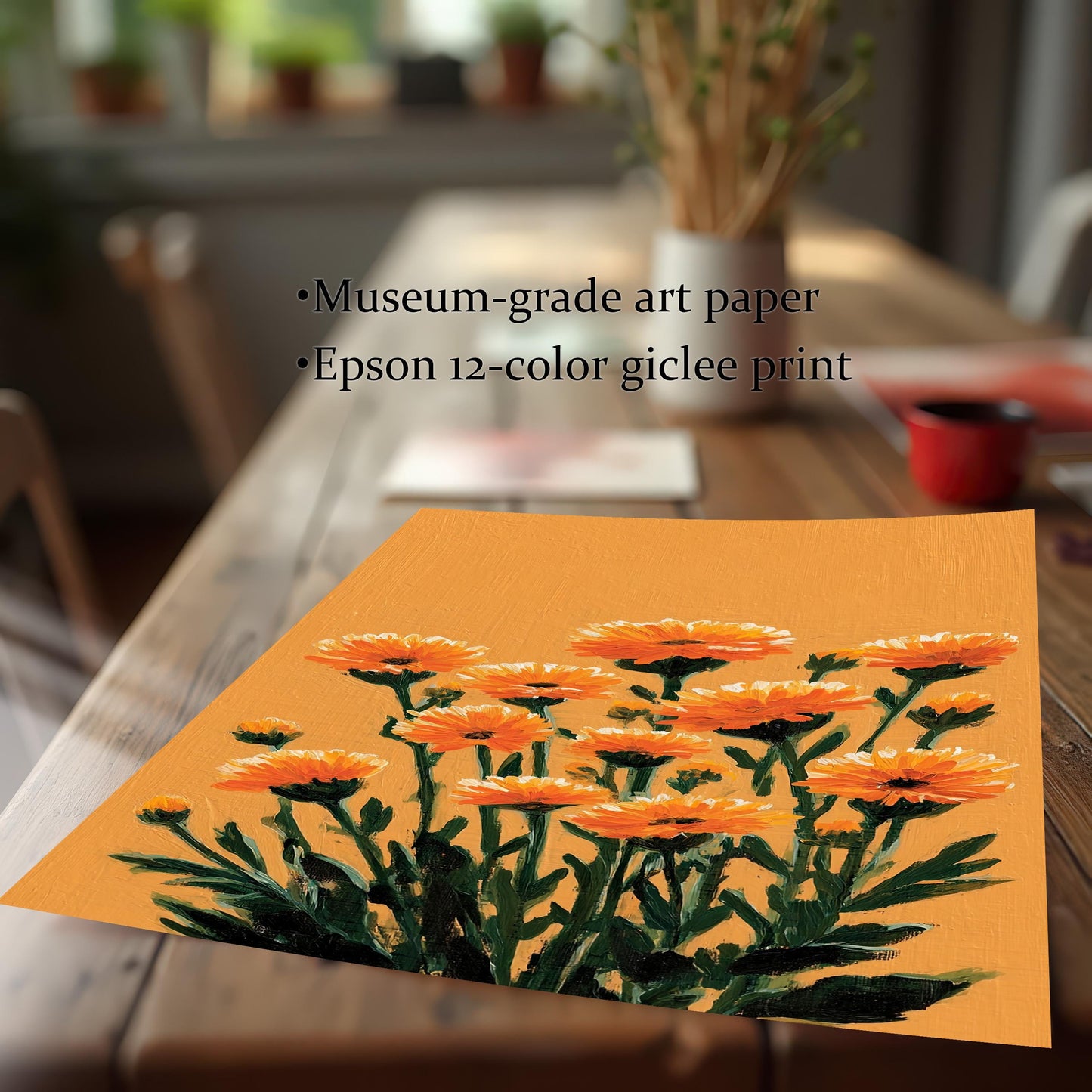 Bright Orange Calendula Flower Print: Wall Art, Giclee Wood Frame Decor