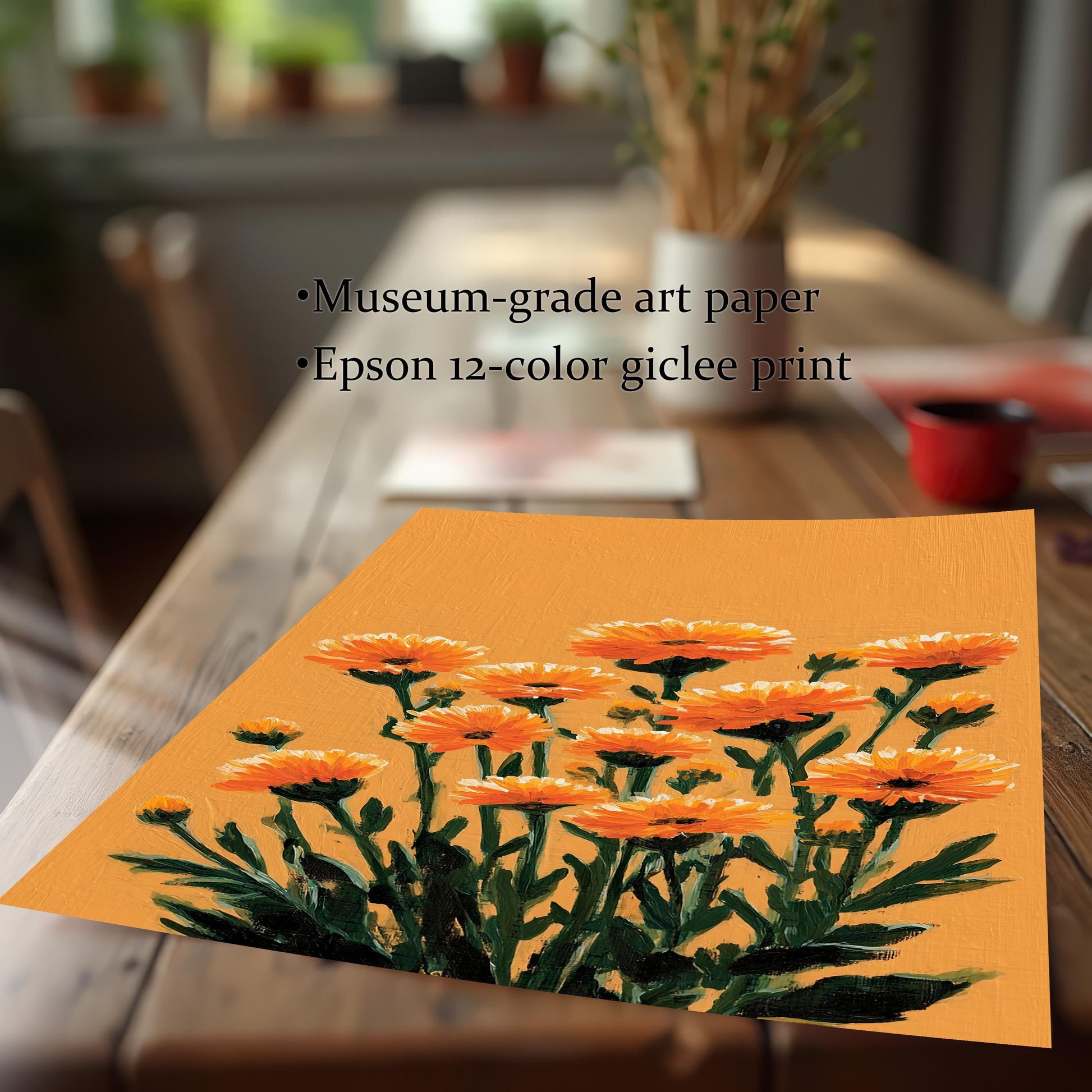 Bright Orange Calendula Flower Print: Wall Art, Giclee Wood Frame Decor