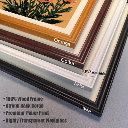 Close-up stacked view of four wood picture frames in Orange, Coffee, White, and Black colors, showing the frame corner and 0.9"" (2.2cm) width. Text lists features: 100% Wood Frame, Strong Back Board, Premium Paper Print, and Highly Transparent Plexiglass.