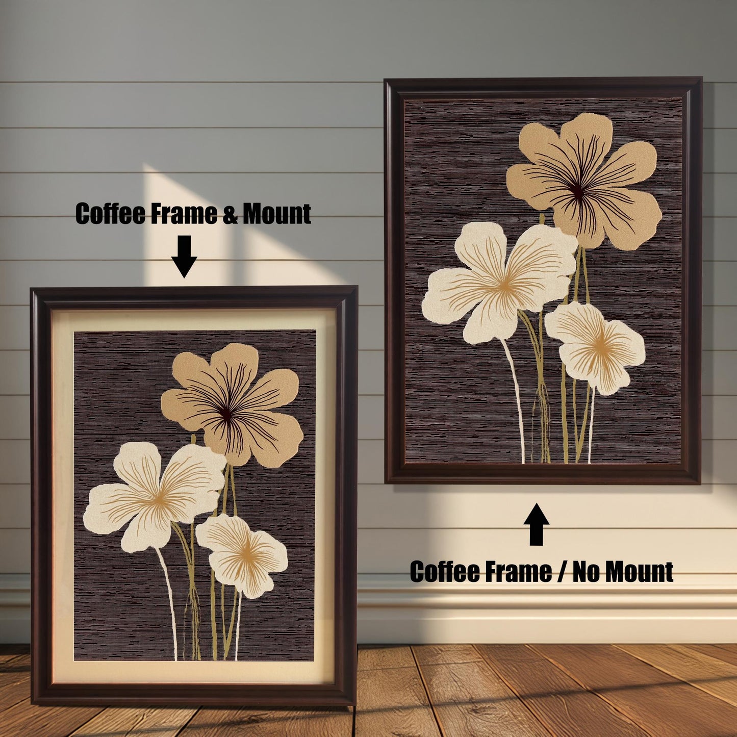 Two framed abstract floral art prints against a white wood panel wall. The print on the left has a Coffee Frame & Mount (matting). The print on the right has a Coffee Frame / No Mount.