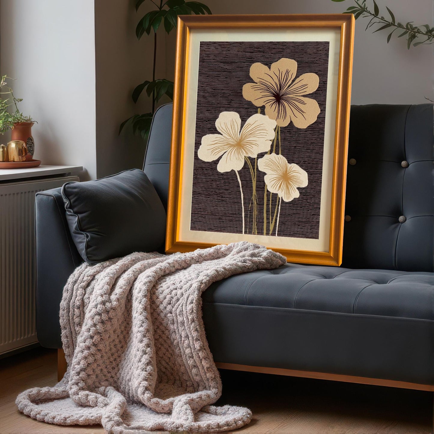 A framed abstract floral art print in an Orange/Gold wood frame with a mount leaning against a dark gray tufted sofa with a knit beige throw blanket.