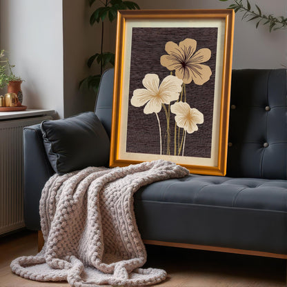 A framed abstract floral art print in an Orange/Gold wood frame with a mount leaning against a dark gray tufted sofa with a knit beige throw blanket.