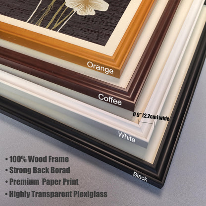 Close-up stacked view of four wood picture frames in Orange, Coffee, White, and Black colors, showing the frame corner and 0.9"" (2.2cm) width. Text lists features: 100% Wood Frame, Strong Back Board, Premium Paper Print, and Highly Transparent Plexiglass.