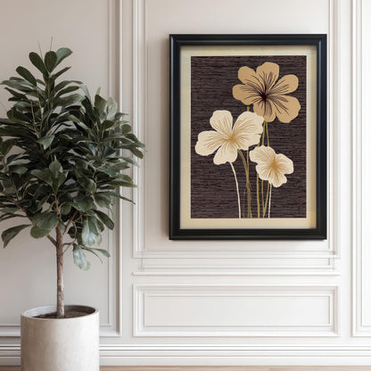 A portrait-oriented abstract floral art print in a Black frame with a mount (matting) hanging on a white paneled wall, next to a large potted fiddle-leaf fig or similar houseplant.