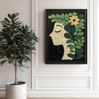 A framed botanical profile art print in a Black frame with a mount hanging on a white wainscoting wall, next to a large potted houseplant (Fiddle-Leaf Fig or similar).