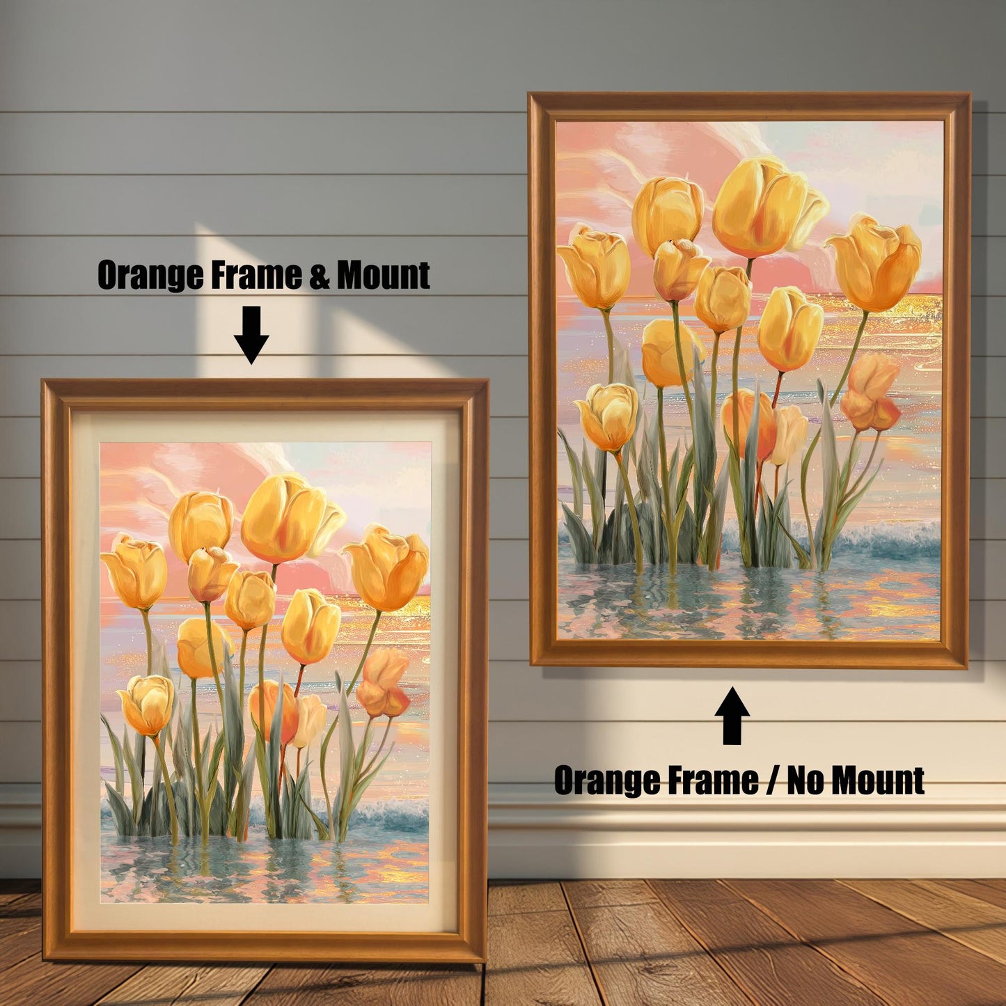 Two framed yellow tulips art prints against a white wood panel wall. The print on the left has an Orange Frame & Mount (matting). The print on the right has an Orange Frame / No Mount.